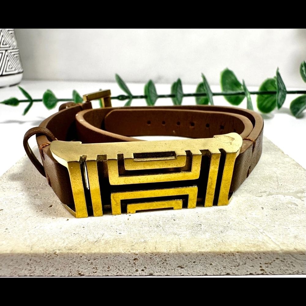 Tory Burch Brown Leather Bracelet with Gold Geometric